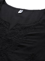 Thumbnail for Yufta Black Floral Chikankari Embroidered Pure Cotton Top - Distacart