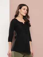 Thumbnail for Yufta Black Floral Chikankari Embroidered Pure Cotton Top - Distacart