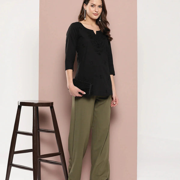 Yufta Black Floral Chikankari Embroidered Pure Cotton Top - Distacart