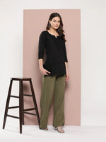 Thumbnail for Yufta Black Floral Chikankari Embroidered Pure Cotton Top - Distacart