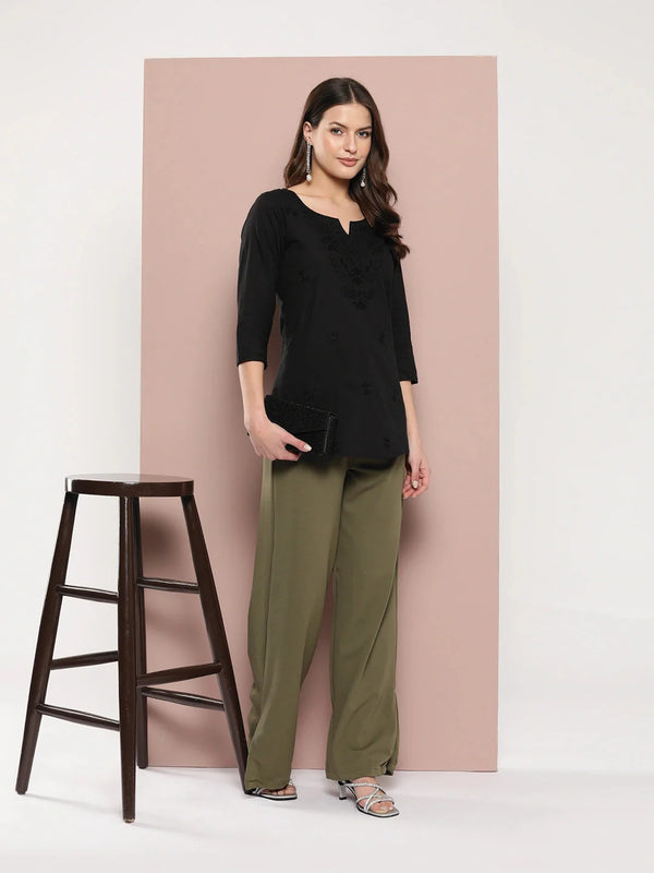 Yufta Black Floral Chikankari Embroidered Pure Cotton Top - Distacart