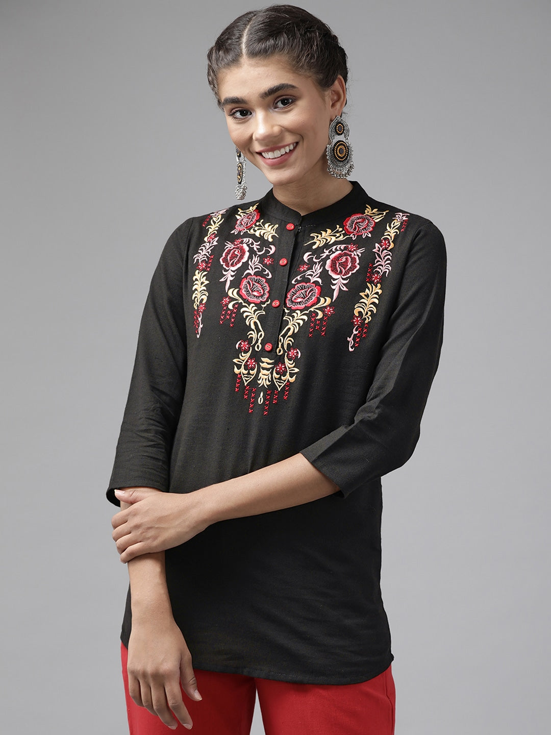 Yufta Black Floral Embroidered Top - Distacart