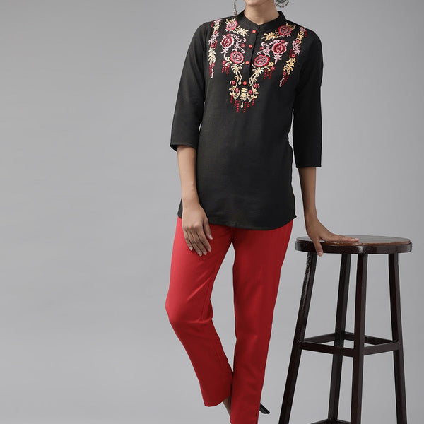 Yufta Black Floral Embroidered Top - Distacart