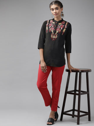 Yufta Black Floral Embroidered Top - Distacart