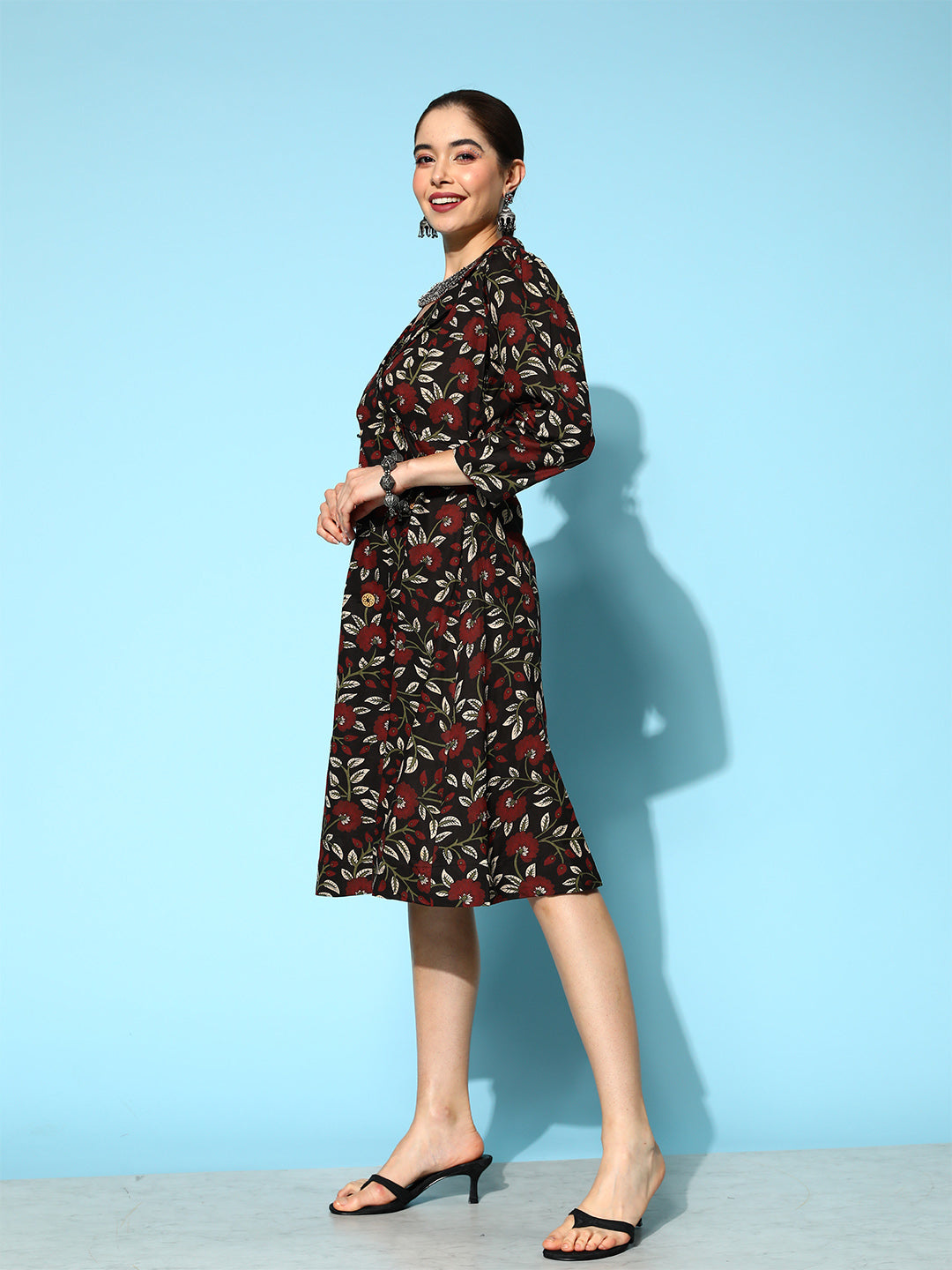 Yufta Black Floral Ethnic Dress - Distacart