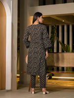 Thumbnail for Yufta Black Floral Print Piping On Yoke Pakistani Style Kurta With Trousers And Dupatta Set