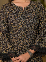 Thumbnail for Yufta Black Floral Print Piping On Yoke Pakistani Style Kurta With Trousers And Dupatta Set