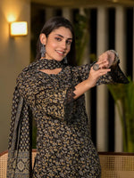 Thumbnail for Yufta Black Floral Print Piping On Yoke Pakistani Style Kurta With Trousers And Dupatta Set