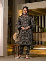 Thumbnail for Yufta Black Floral Print Piping On Yoke Pakistani Style Kurta With Trousers And Dupatta Set