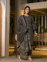 Thumbnail for Yufta Black Floral Print Piping On Yoke Pakistani Style Kurta With Trousers And Dupatta Set