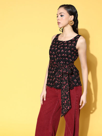 Yufta Black Floral Print Top - Distacart