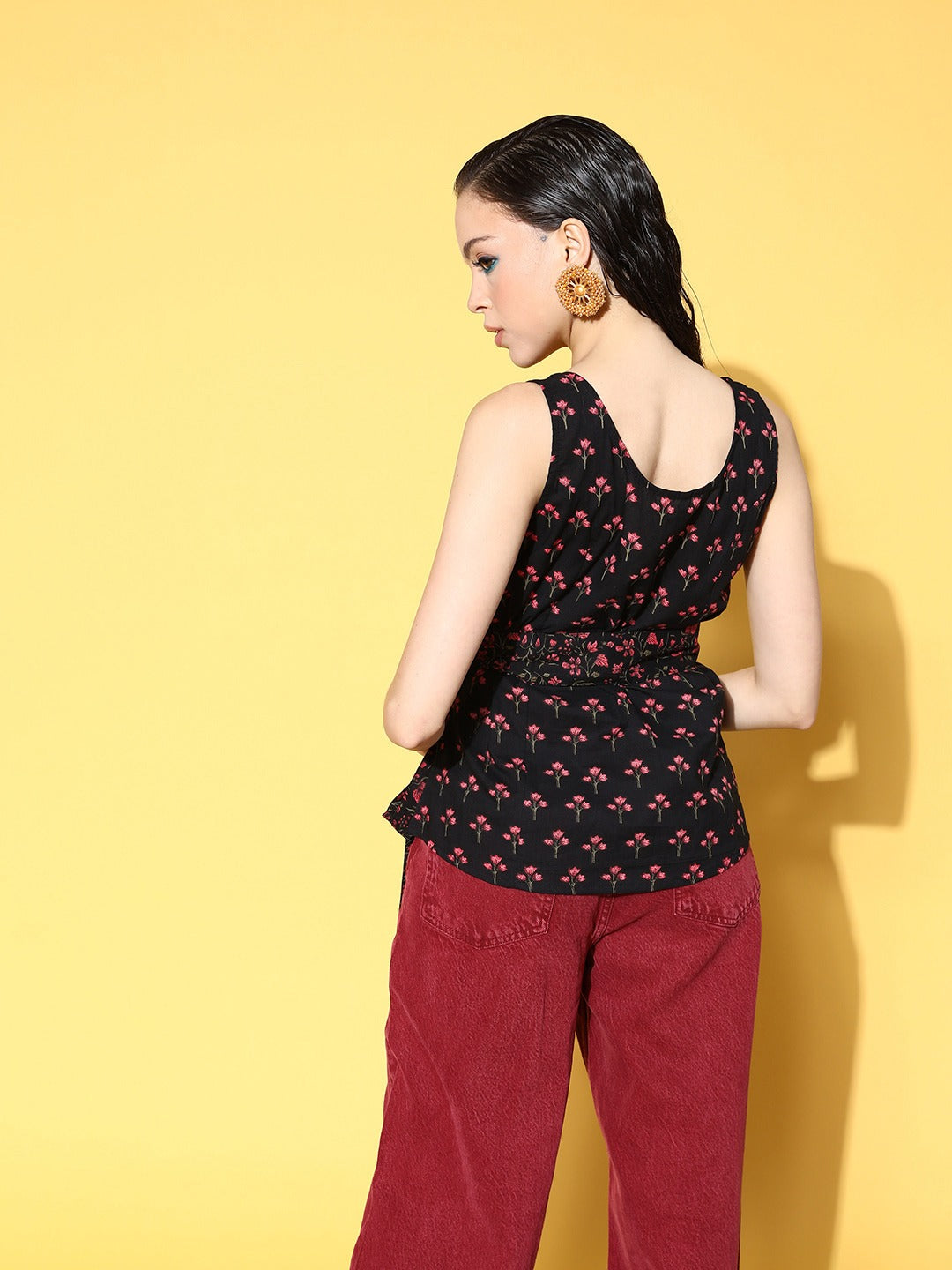 Yufta Black Floral Print Top - Distacart