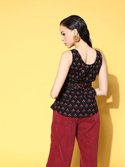 Yufta Black Floral Print Top - Distacart