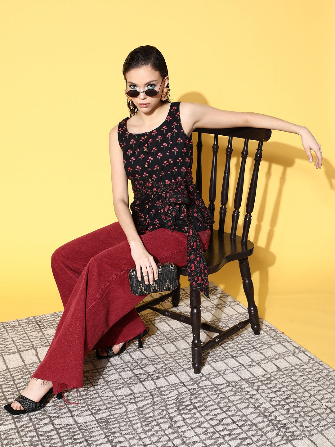 Yufta Black Floral Print Top - Distacart
