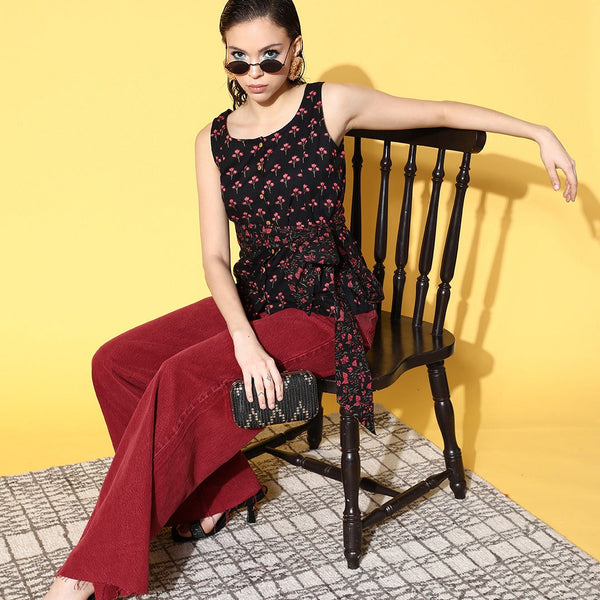 Yufta Black Floral Print Top - Distacart