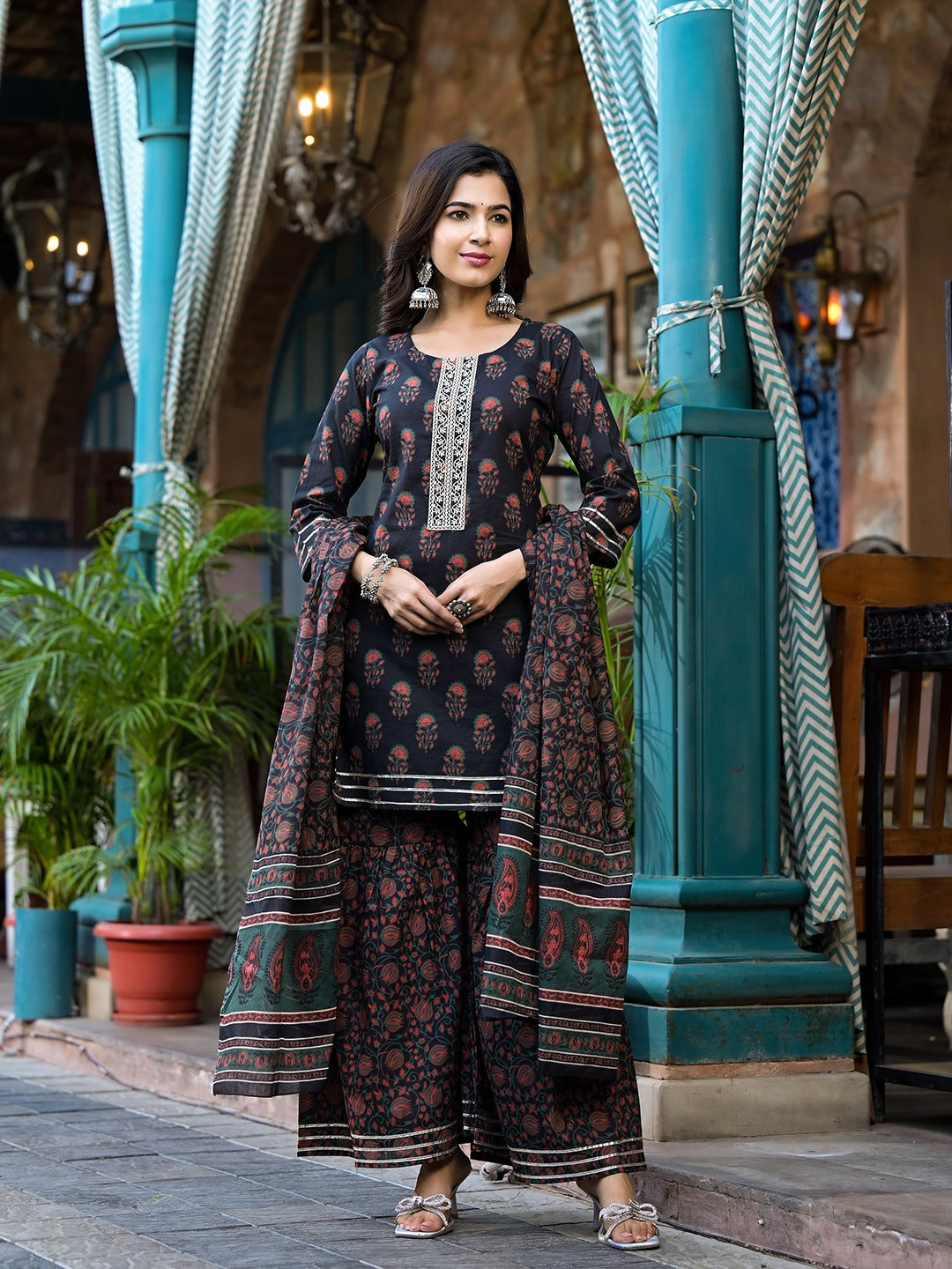 Yufta Black Floral Zari_Work Kurta Sharara With Dupatta Set - Distacart