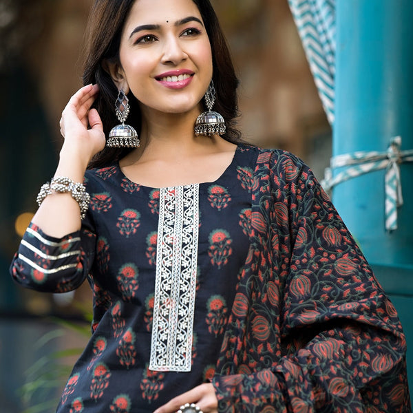 Yufta Black Floral Zari_Work Kurta Sharara With Dupatta Set - Distacart