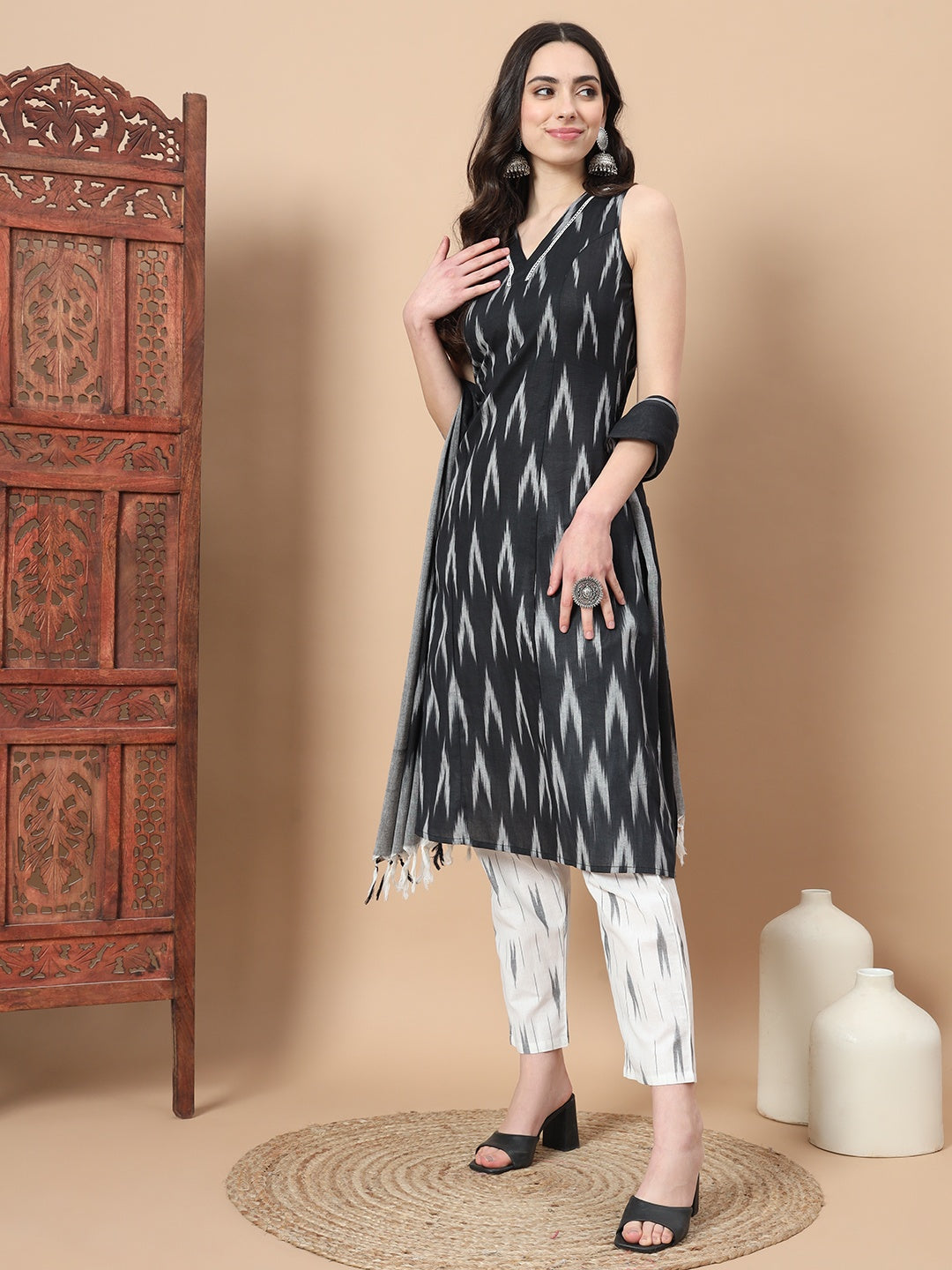 Yufta Black Ikat Print A-Line Kurta Pant And Dupatta Set - Distacart