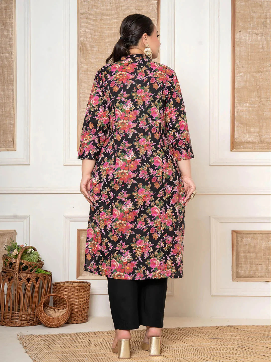 Yufta Black Kantha Work Plus Size Kurta Set With Pant