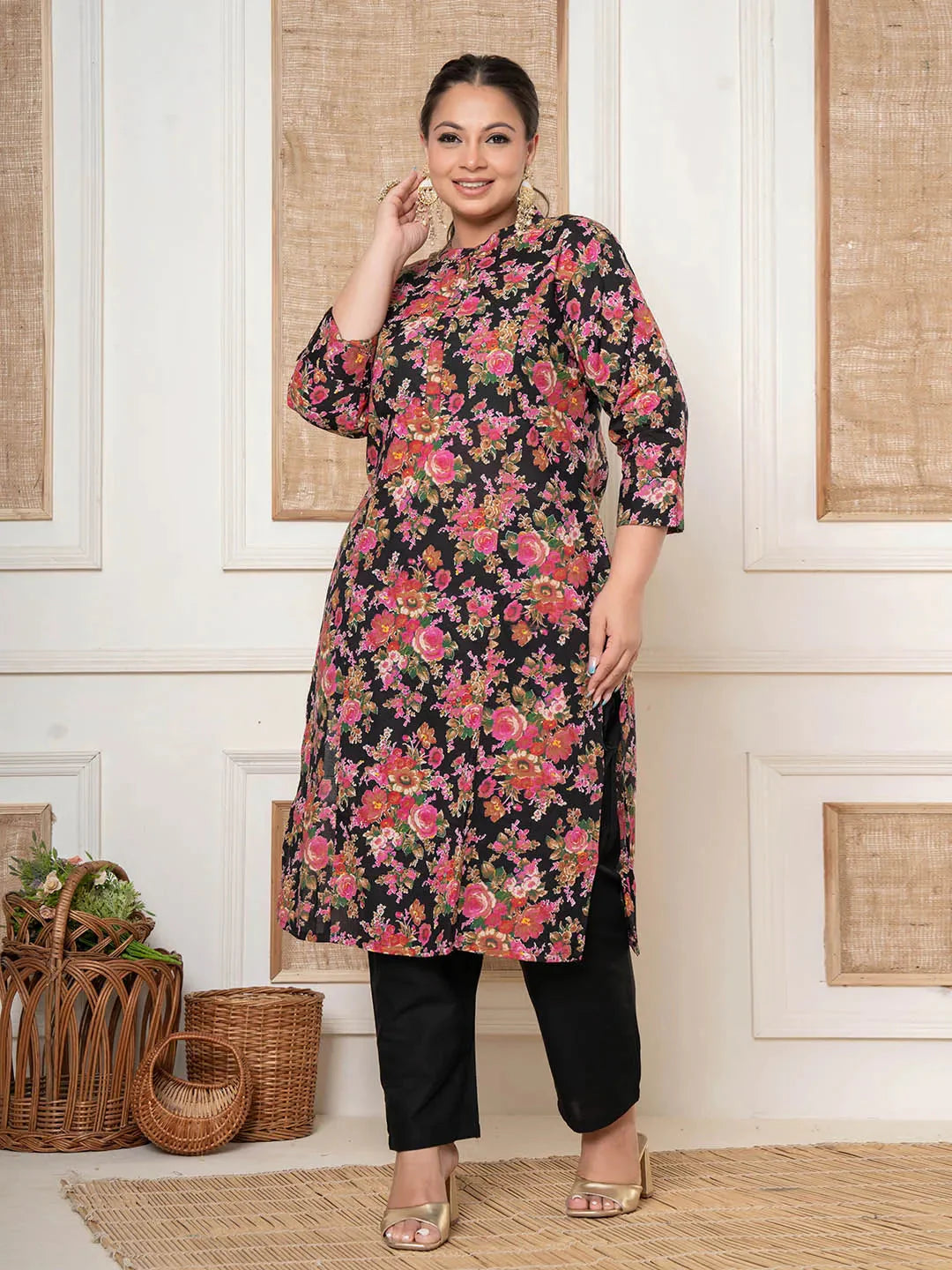 Yufta Black Kantha Work Plus Size Kurta Set With Pant