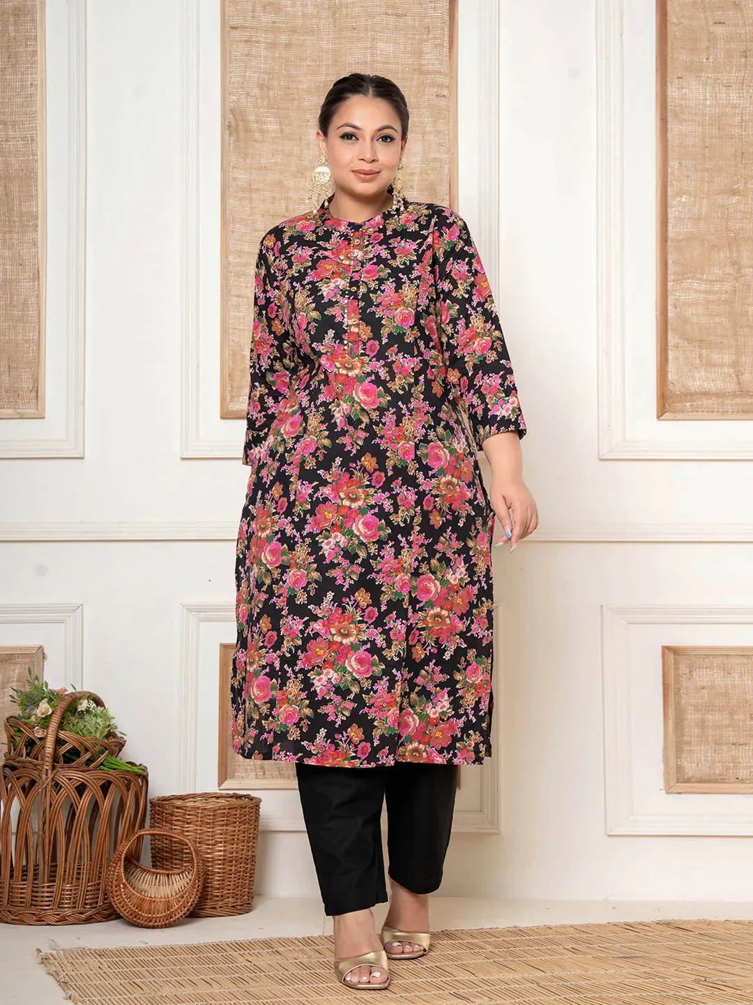 Yufta Black Kantha Work Plus Size Kurta Set With Pant