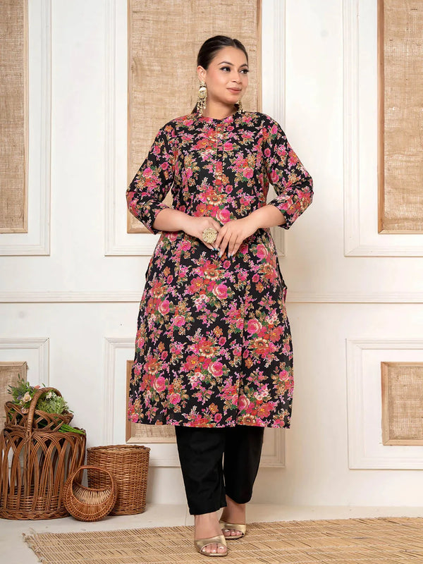 Yufta Black Kantha Work Plus Size Kurta Set With Pant