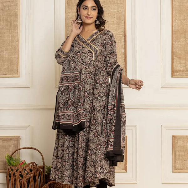 Yufta Black Paisley Print Anarkali Style Kurta And Trousers With Dupatta Set - Distacart