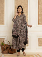 Thumbnail for Yufta Black Paisley Print Anarkali Style Kurta And Trousers With Dupatta Set