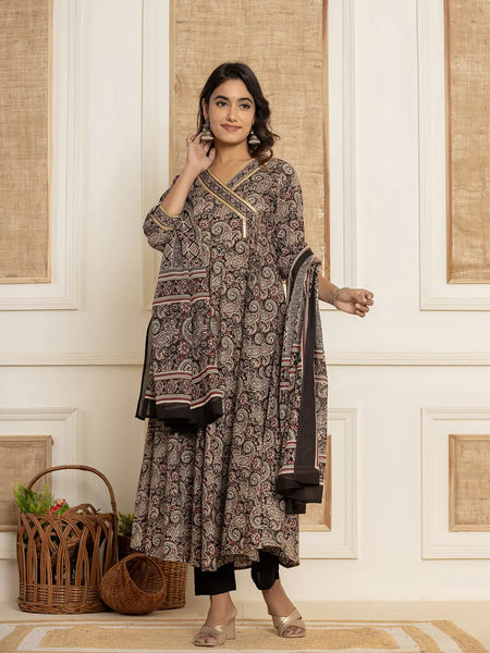 Yufta Black Paisley Print Anarkali Style Kurta And Trousers With Dupatta Set
