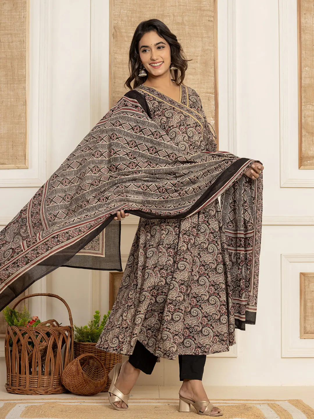 Yufta Black Paisley Print Anarkali Style Kurta And Trousers With Dupatta Set - Distacart