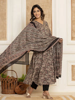 Thumbnail for Yufta Black Paisley Print Anarkali Style Kurta And Trousers With Dupatta Set