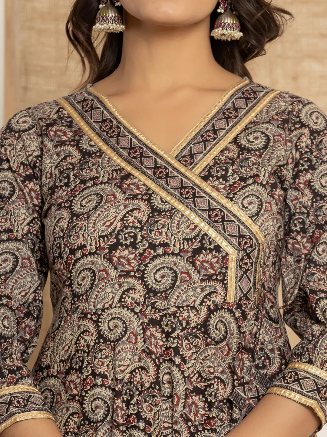 Yufta Black Paisley Print Anarkali Style Kurta And Trousers With Dupatta Set