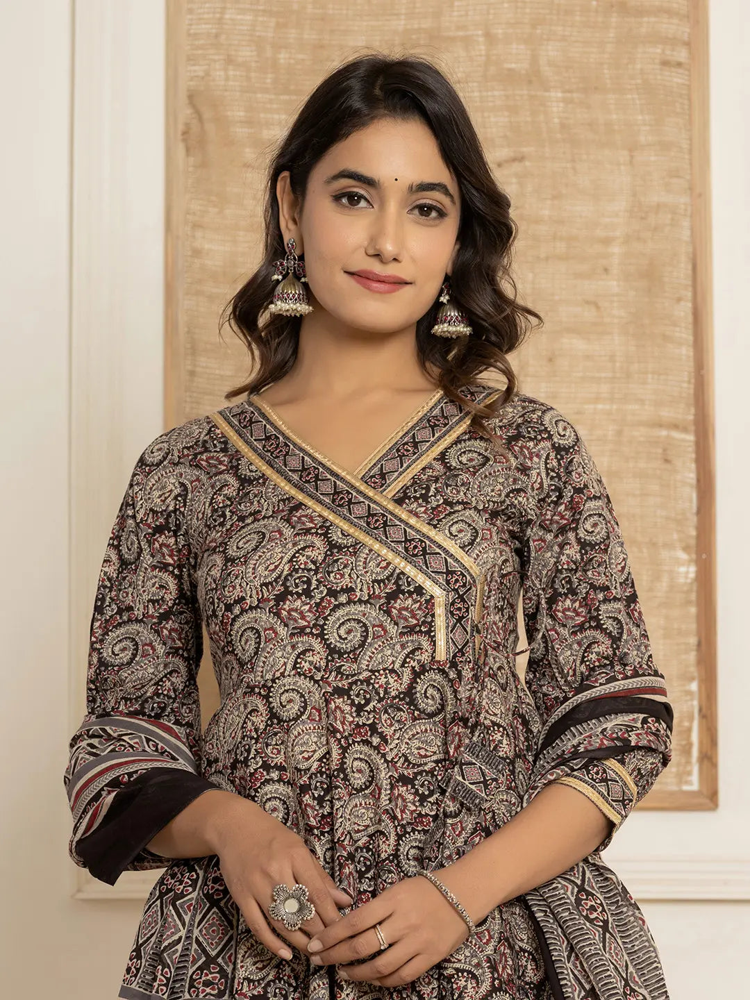 Yufta Black Paisley Print Anarkali Style Kurta And Trousers With Dupatta Set