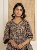 Thumbnail for Yufta Black Paisley Print Anarkali Style Kurta And Trousers With Dupatta Set