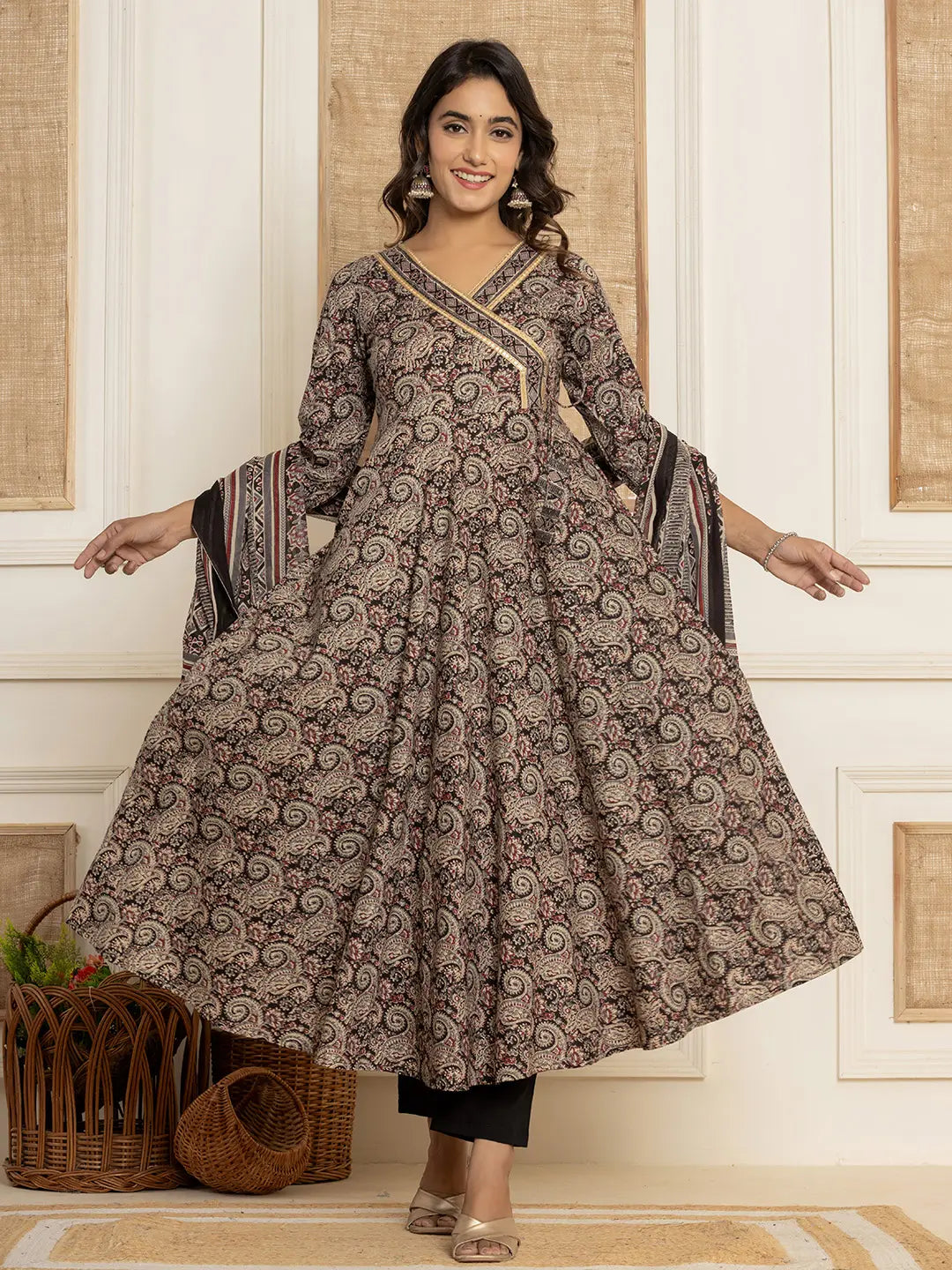 Yufta Black Paisley Print Anarkali Style Kurta And Trousers With Dupatta Set