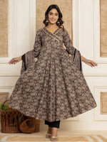 Thumbnail for Yufta Black Paisley Print Anarkali Style Kurta And Trousers With Dupatta Set