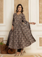 Thumbnail for Yufta Black Paisley Print Anarkali Style Kurta And Trousers With Dupatta Set