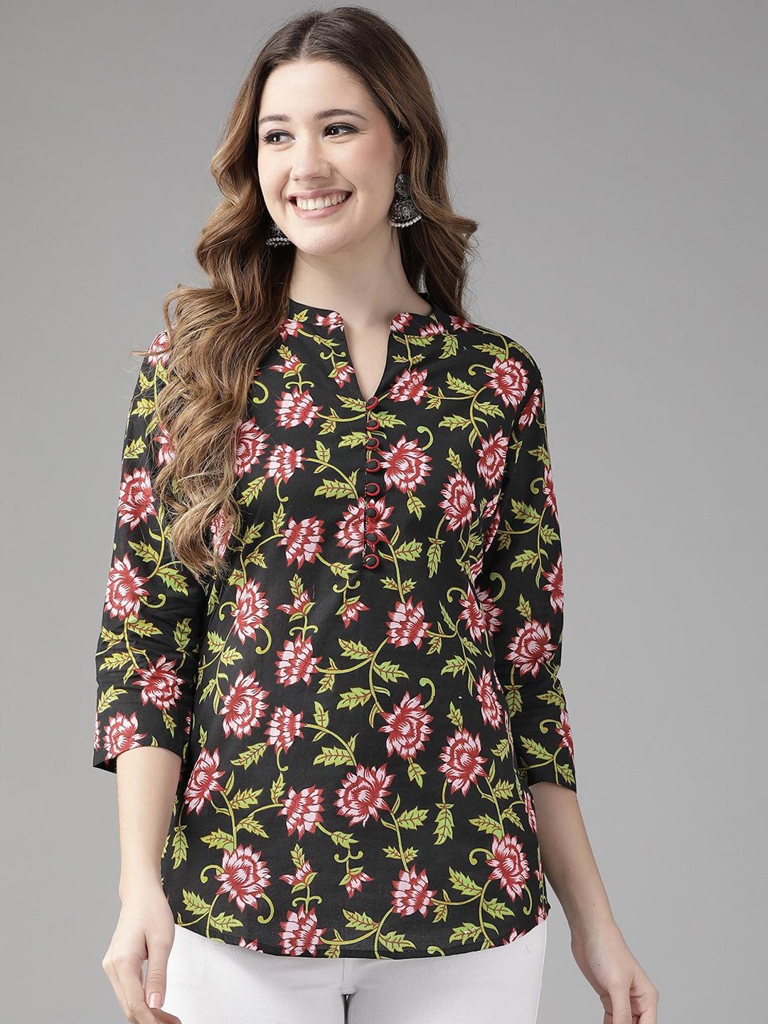 Yufta Black & Pink Floral Printed Top - Distacart