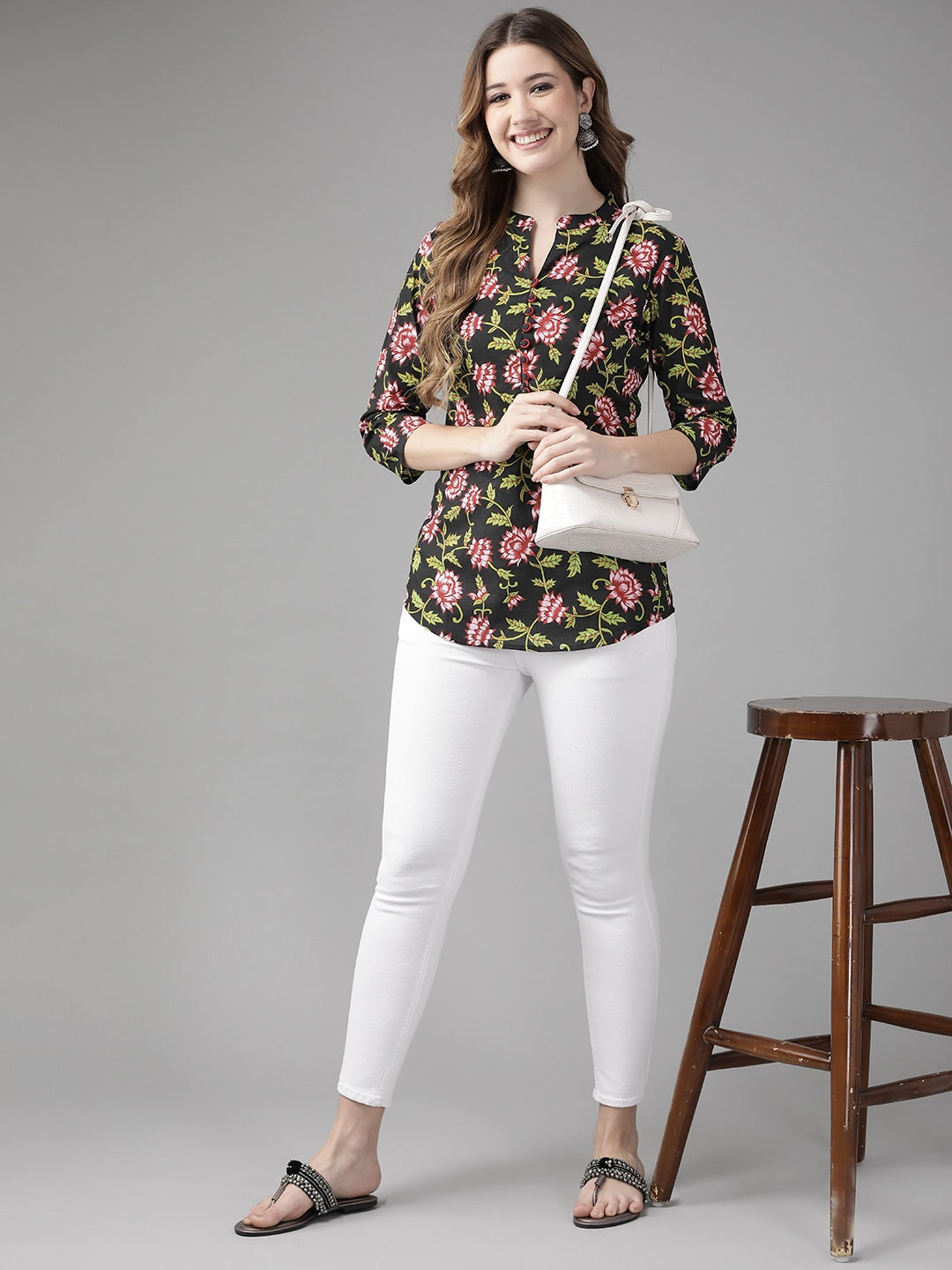 Yufta Black & Pink Floral Printed Top - Distacart