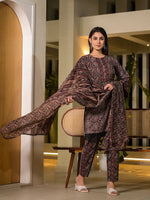 Thumbnail for Yufta Black Pure Cotton Paisley Print Pakistani Style Kurta And Trousers With Dupatta Set