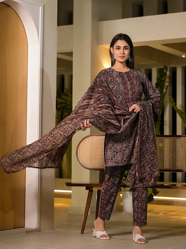Yufta Black Pure Cotton Paisley Print Pakistani Style Kurta And Trousers With Dupatta Set