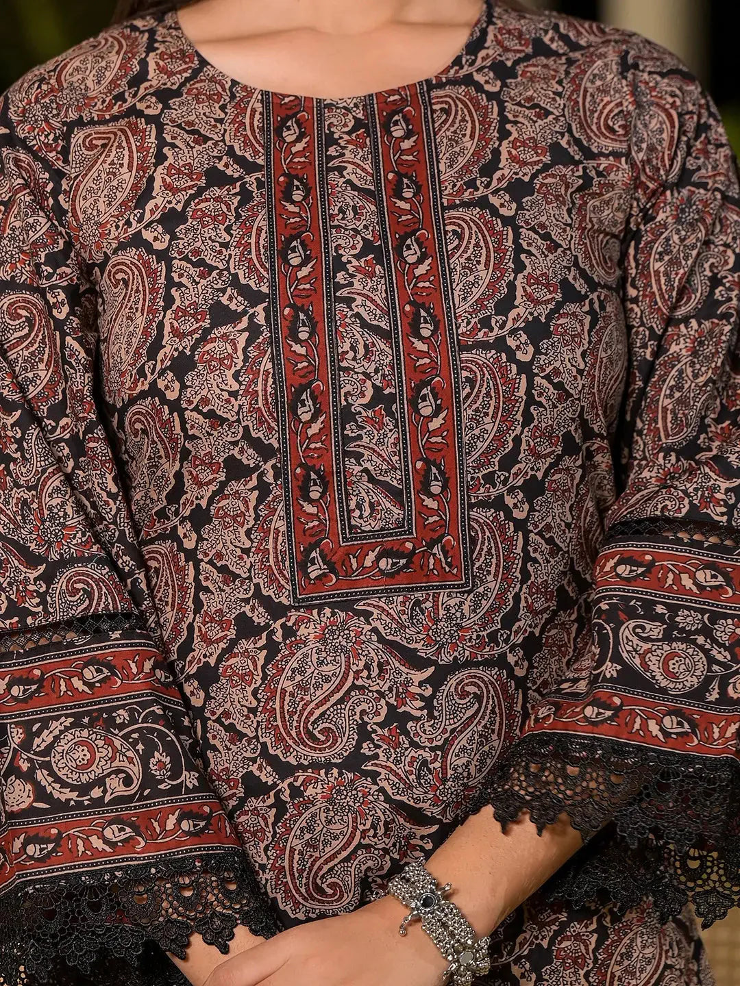 Yufta Black Pure Cotton Paisley Print Pakistani Style Kurta And Trousers With Dupatta Set