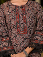 Thumbnail for Yufta Black Pure Cotton Paisley Print Pakistani Style Kurta And Trousers With Dupatta Set