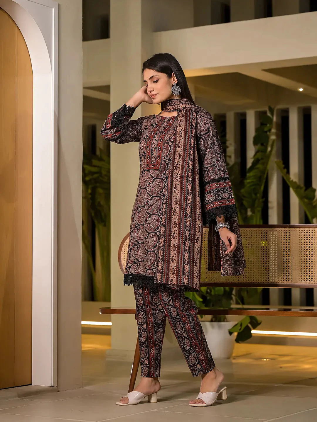 Yufta Black Pure Cotton Paisley Print Pakistani Style Kurta And Trousers With Dupatta Set
