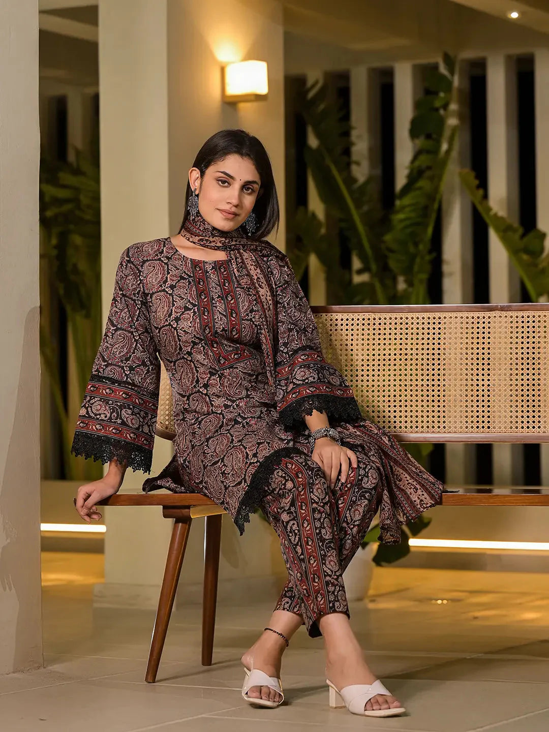 Yufta Black Pure Cotton Paisley Print Pakistani Style Kurta And Trousers With Dupatta Set