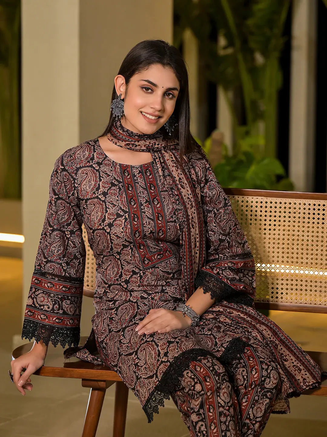 Yufta Black Pure Cotton Paisley Print Pakistani Style Kurta And Trousers With Dupatta Set