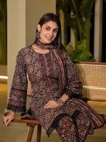 Thumbnail for Yufta Black Pure Cotton Paisley Print Pakistani Style Kurta And Trousers With Dupatta Set