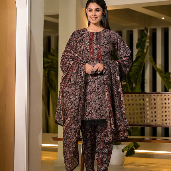 Yufta Black Pure Cotton Paisley Print Pakistani Style Kurta And Trousers With Dupatta Set - Distacart