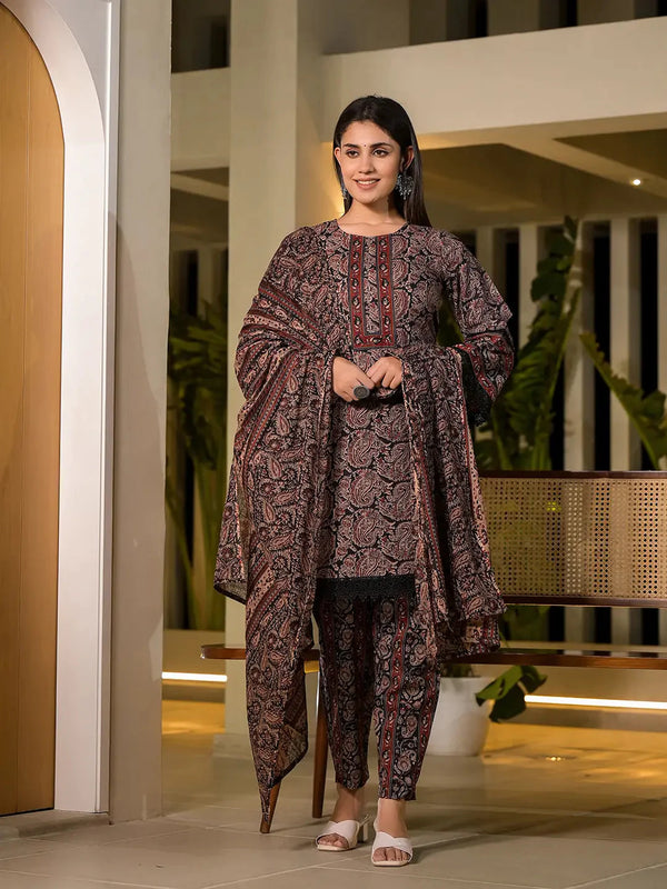 Yufta Black Pure Cotton Paisley Print Pakistani Style Kurta And Trousers With Dupatta Set