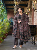 Thumbnail for Yufta Black & Red Floral Print Straight Plus size Kurta Trouser And Dupatta Set - Distacart